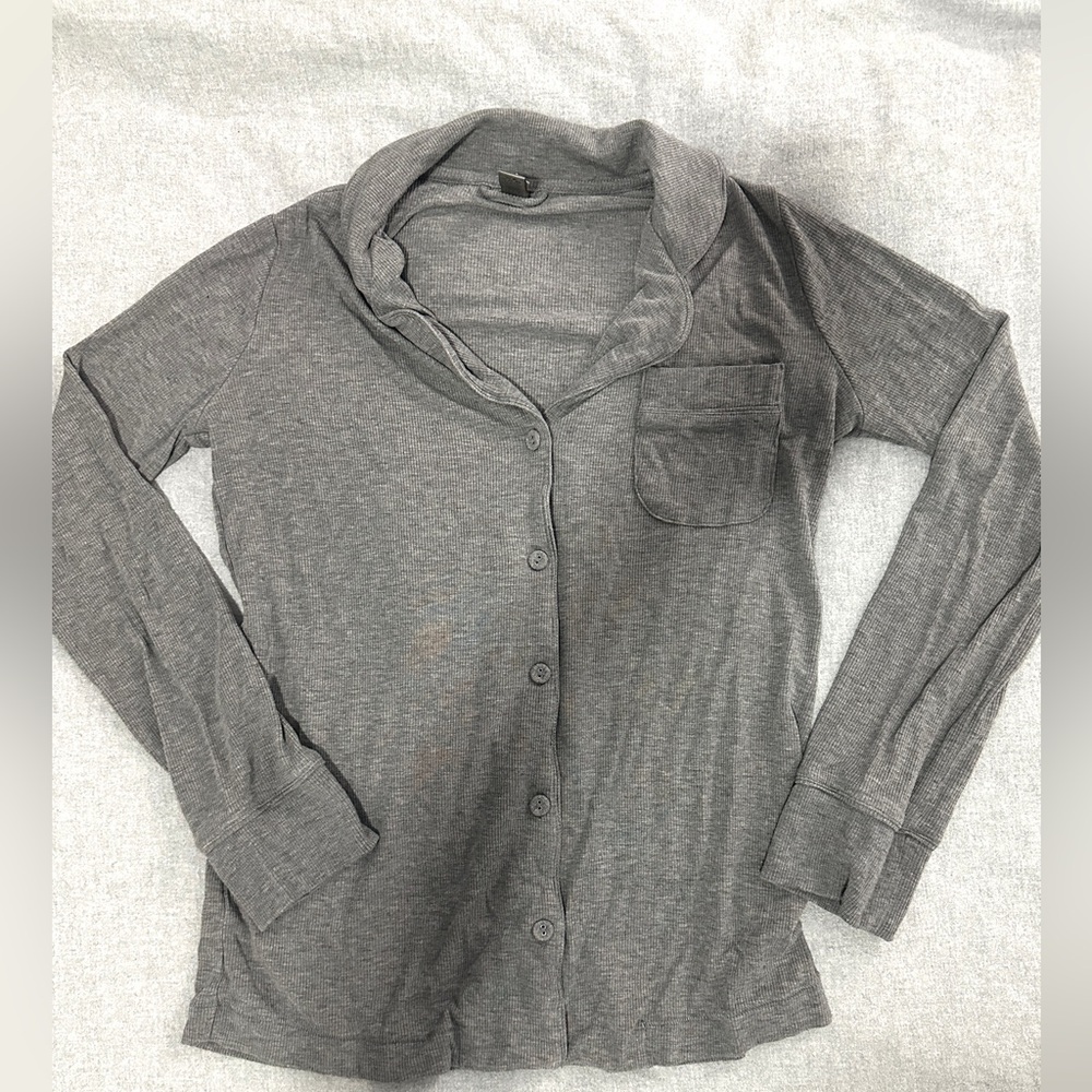 SKIMS FULL PAJAMA SET NEVER WORN GREY WIDE LEG LONG SLEEVE SLEEP SET RIBBED - Picture 8 of 13